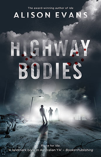 The book cover of Highway Bodies by Alison Evans, grey image of young people shuffling on a city street
