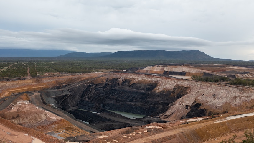 Aerial photo of an open pit coal mine near Bluff, Queensland, November 2021.