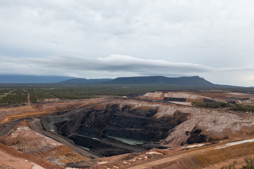 Aerial photo of an open pit coal mine near Bluff, Queensland.