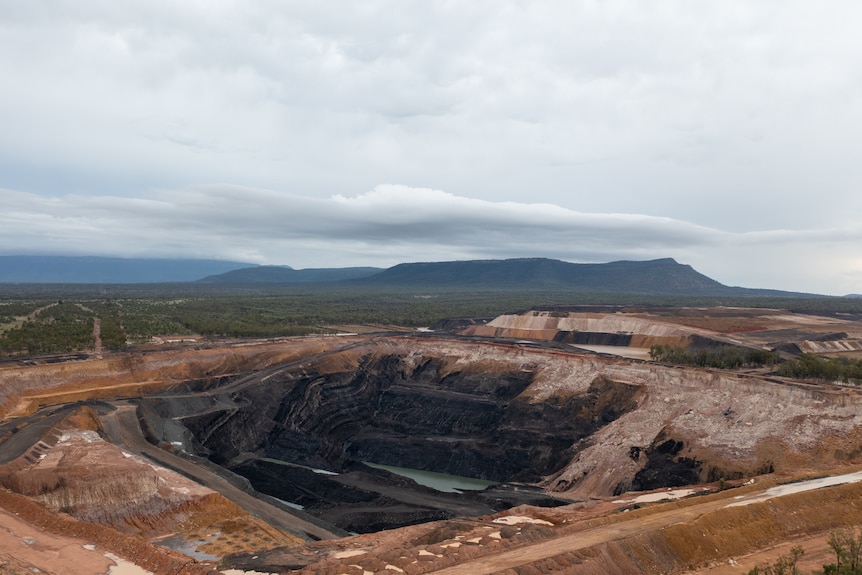 Aerial photo of an open pit coal mine near Bluff, Queensland, November 2021.