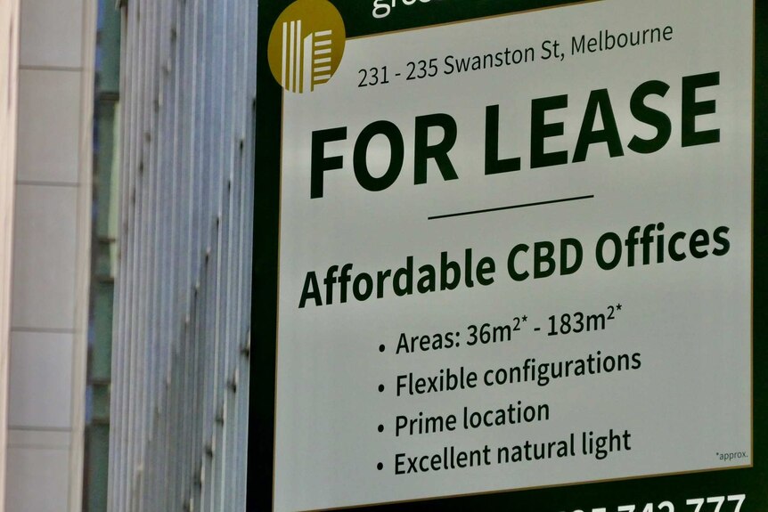 A sign saying 'for lease: affordable CBD offices'.