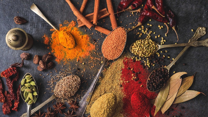 Spoons filled with assorted spices such as cumin, black pepper, turmeric, and cardamom, surrounded by scattered red chilis.