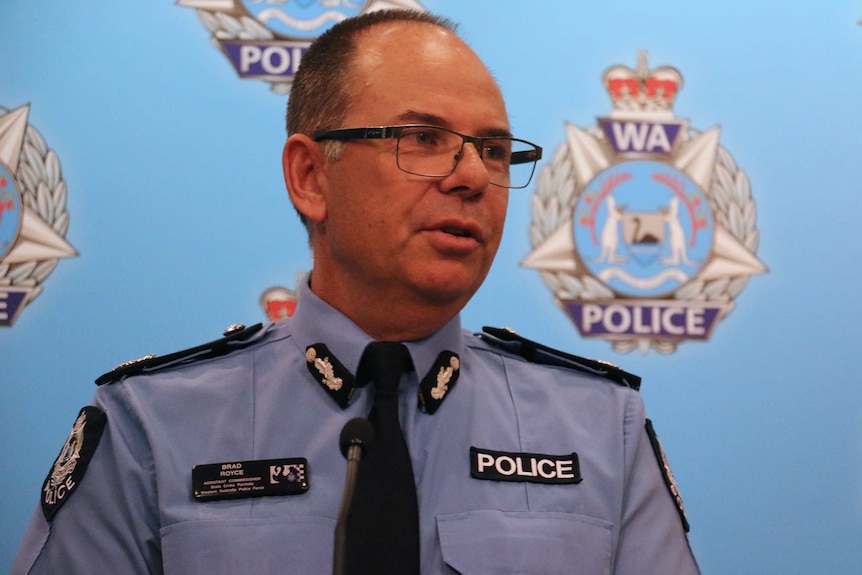 A head and shoulders shot of WA Police Assistant Commissioner Brad Royce speaking during a media conference at police HQ.