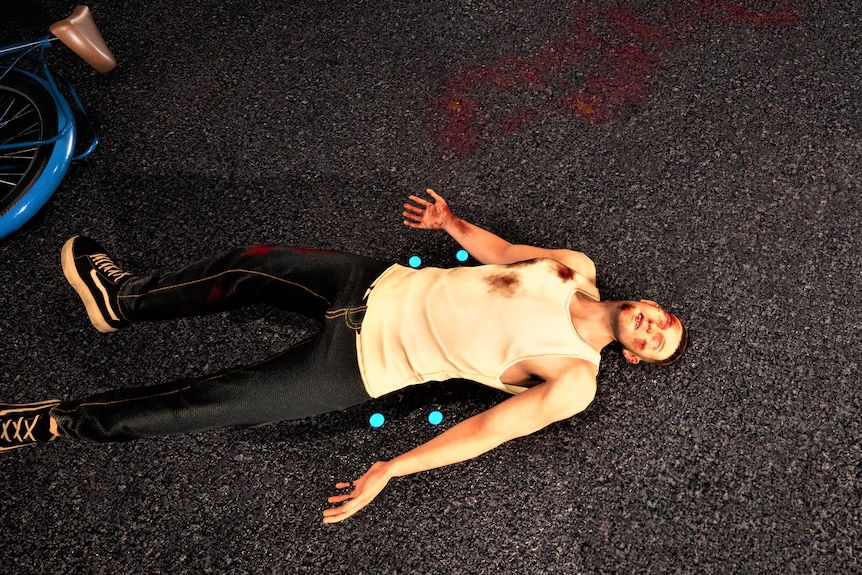 A VR render of a  man lying bloodied on a roadside.