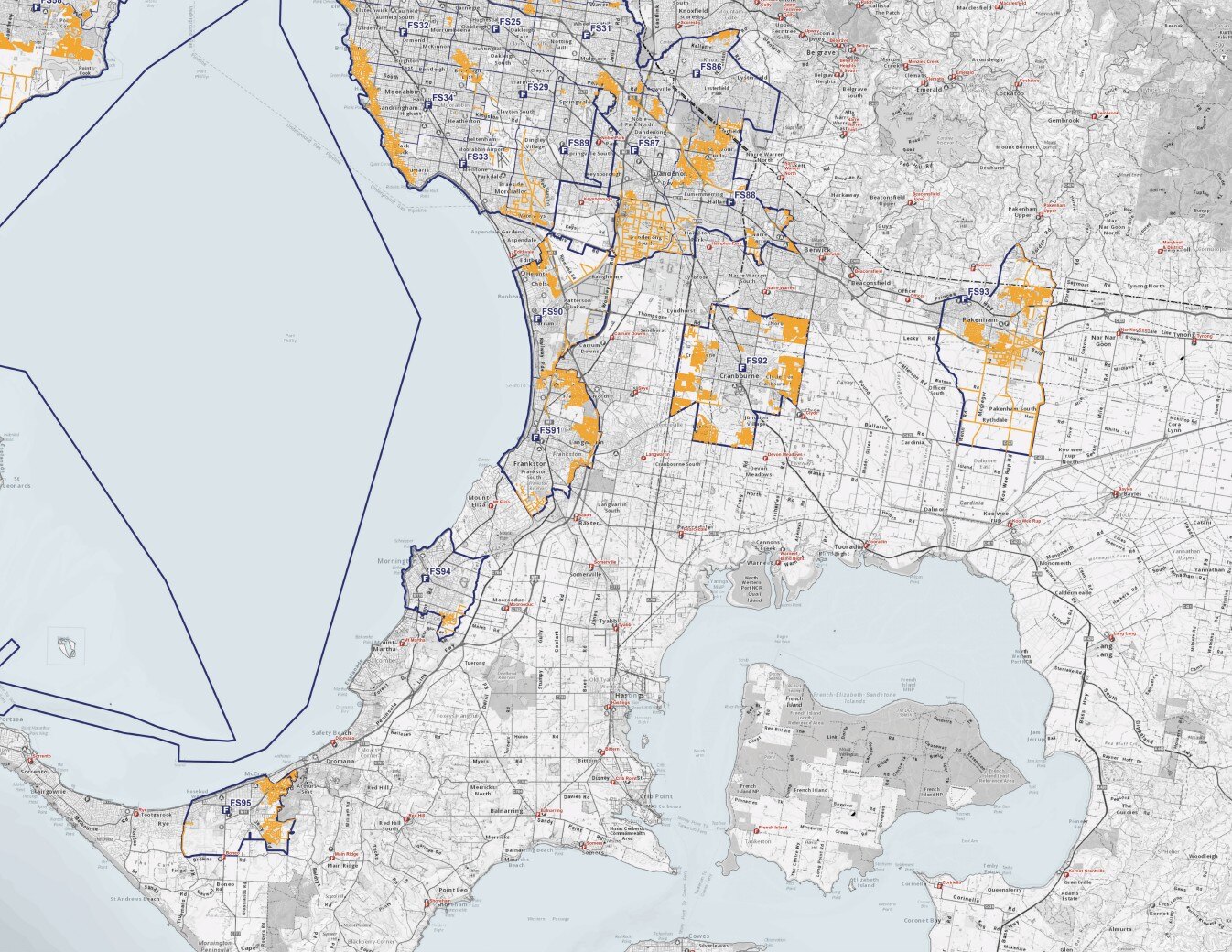 Areas in the south east of Melbourne where a fire truck can't get to within designated time.