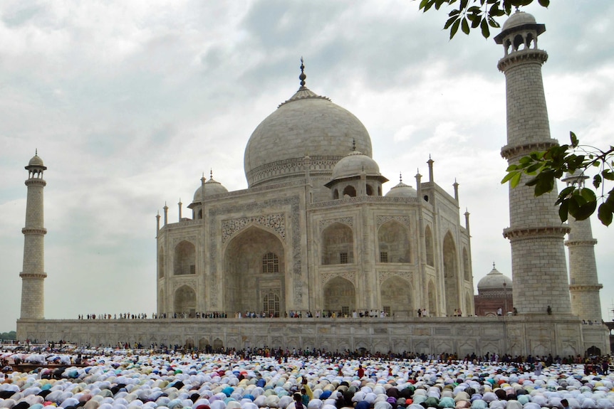 Muslims offer prayers at the Taj Mahal