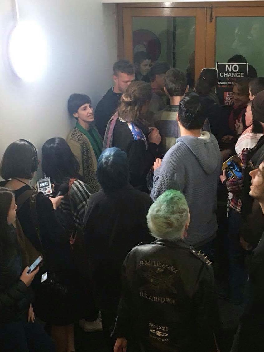 Students protesting at the College of Arts administration building in Sydney.