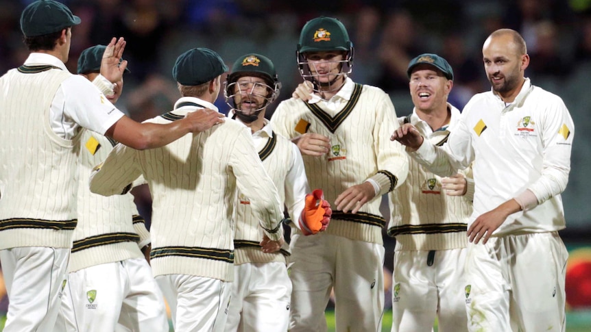 Australia celebrates Nathan Lyon's wicket in Adelaie