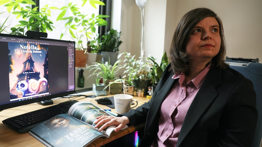 A woman with shoulder-length hair, wearing a suit jacket and a pink shirt, sits in front of a computer displaying a book cover.
