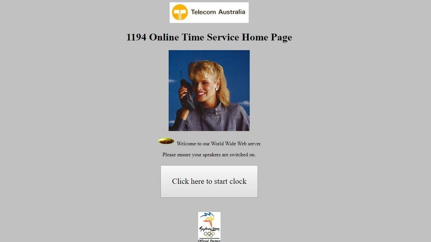 The website contains an old Telecom logo, picture of a woman using an ancient mobile phone and 90's-style graphics