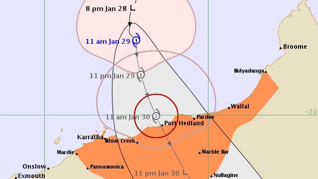 A map of WA's north west showing the expected path of Tropical Cyclone Stan.