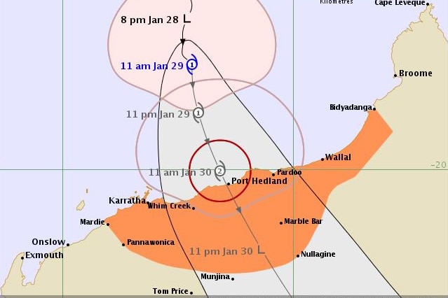 A map of WA's north west showing the expected path of Tropical Cyclone Stan.