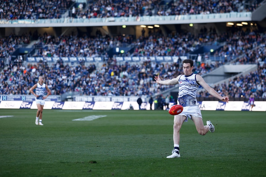 Jeremy Cameron kicks a goal from outside 50 for Geelong