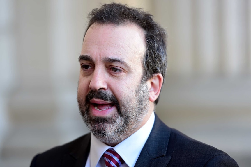 Victorian Racing Minister Martin Pakula speaks in front of the camera in front of Victoria's parliament house.