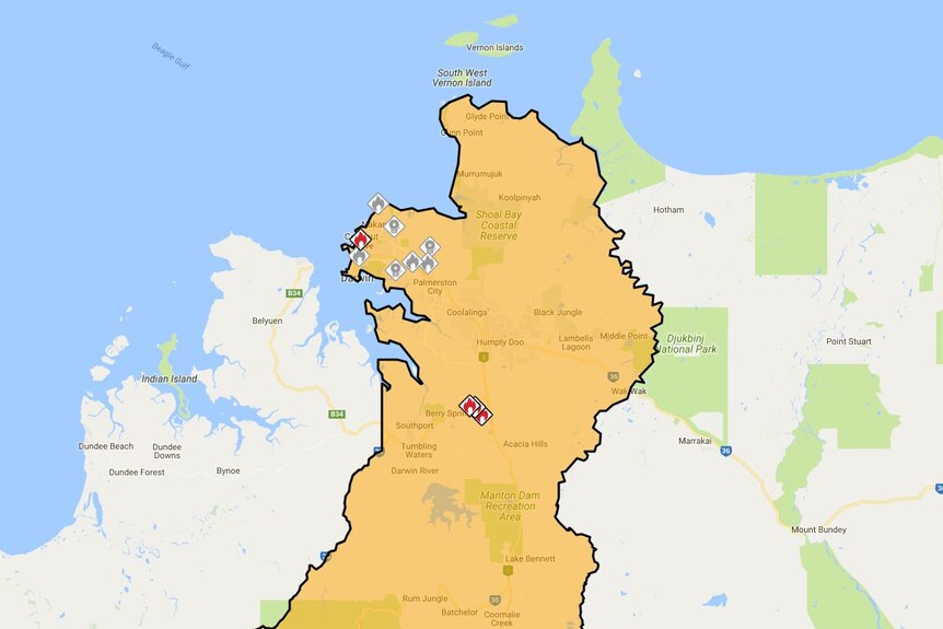 A map of fires burning around Darwin and Berry Springs in the Northern Territory.