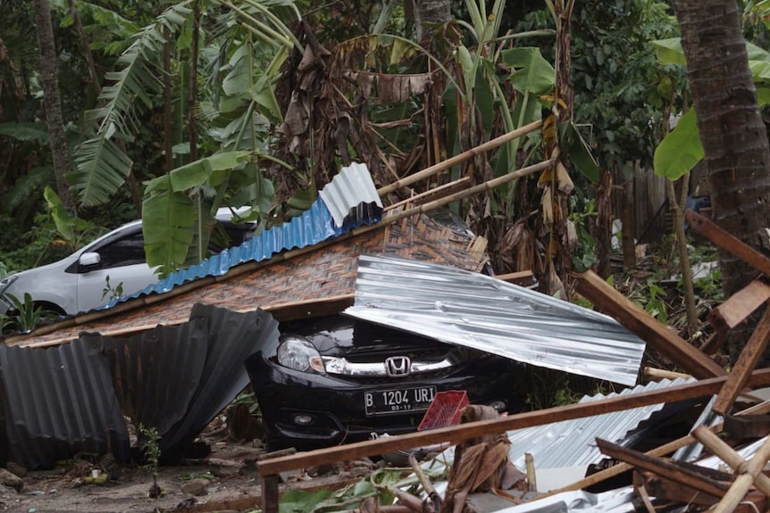 A black car is seen covered in corrugated iron and debris, with trees in the distance.