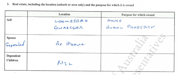 Part of a disclosures form shows "separated" written in a section about spousal real estate.