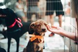 A brown puppy with an orange bow around its neck is petted by someone.
