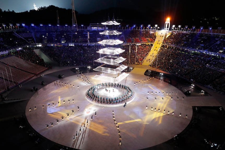 An aerial photo of the closing ceremony of the Olympic Winter Games.