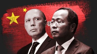 Peter Dutton and Huang Xiangmo with a Chinese flag illustration behind them.
