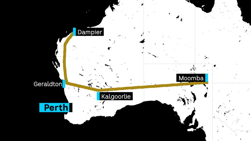 A map showing the pipeline going down from Dampier to Geraldton, then Kalgoorlie to Moomba in SA.