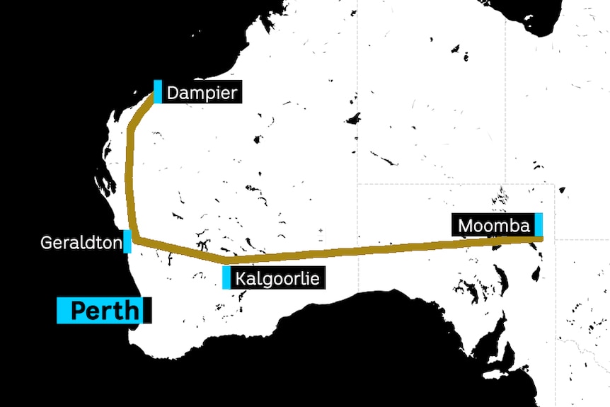 A map showing the pipeline going down from Dampier to Geraldton, then Kalgoorlie to Moomba in SA.