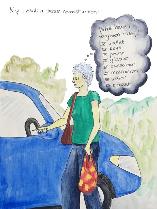 a cartoon drawing of a woman walking towards a car with a thought bubble asking what she has forgotten today.