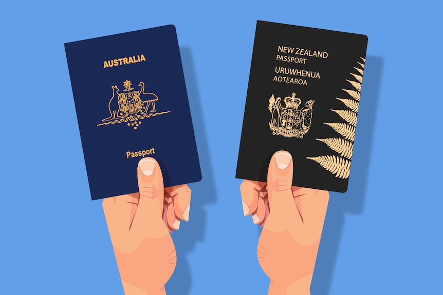 A graphic of two hands with one holding an Australian passport and another holding a New Zealand passport