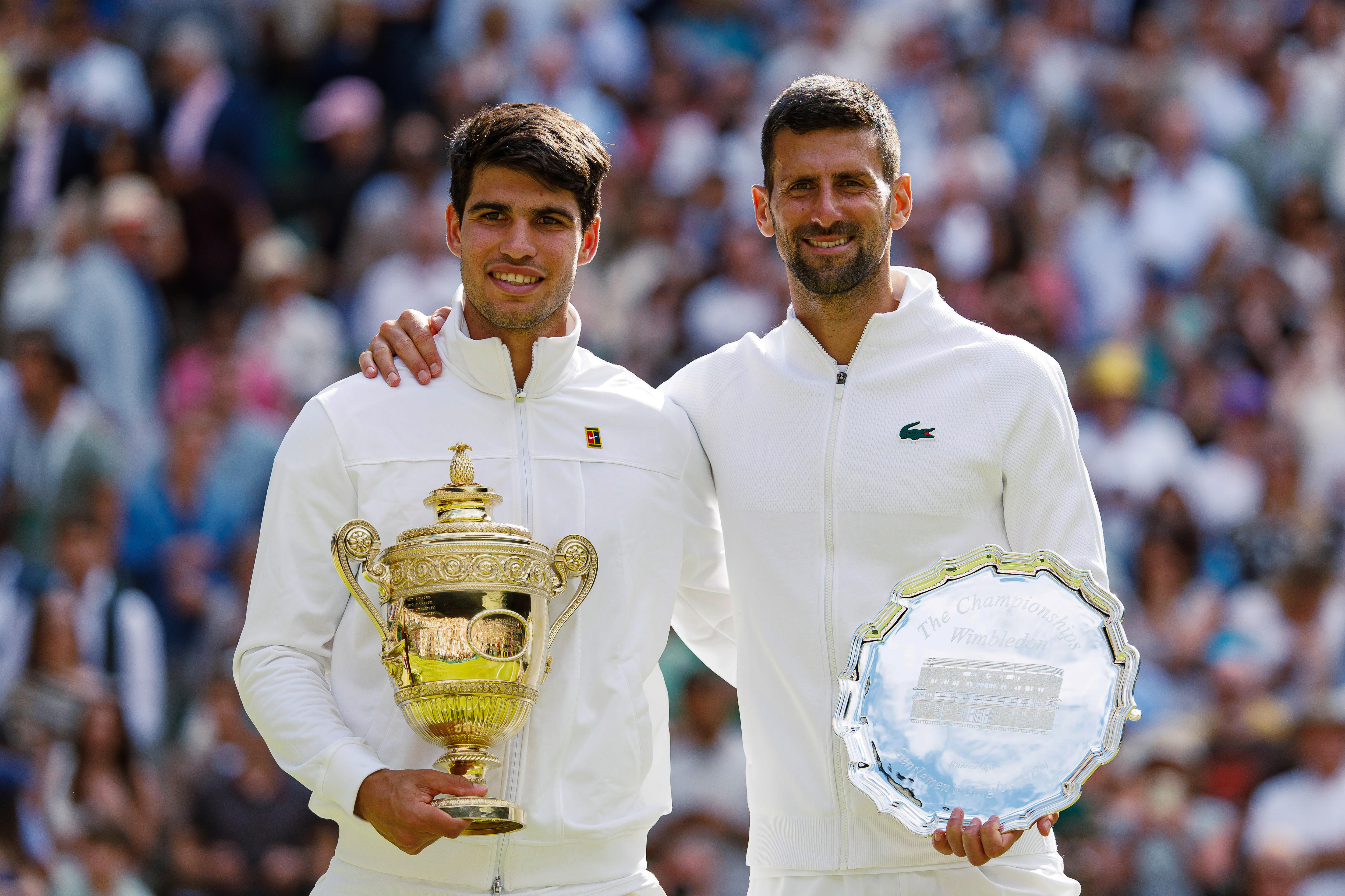 Carlos Alcaraz and Novak Djokovic after the Wimbledon final.