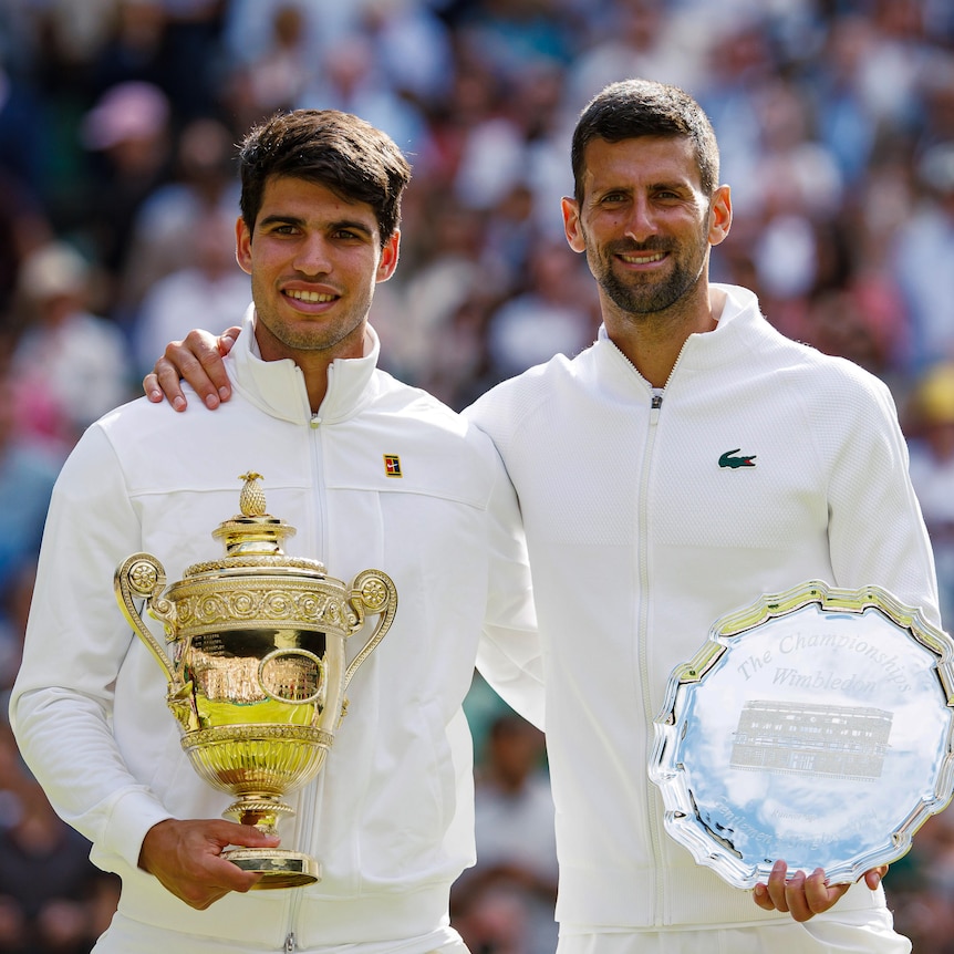 Carlos Alcaraz and Novak Djokovic after the Wimbledon final.