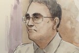 A head and shoulders court sketch of accused Claremont serial killer Bradley Robert Edwards wearing glasses and a shirt and tie.