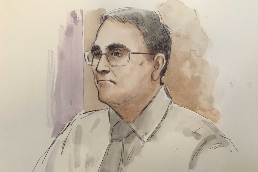 A head and shoulders court sketch of accused Claremont serial killer Bradley Robert Edwards wearing glasses and a shirt and tie.