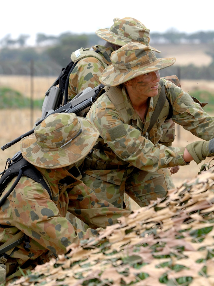 Army recruit ACWR Sarah Hurley trains in the field at the RAAF Base in Wagga Wagga.