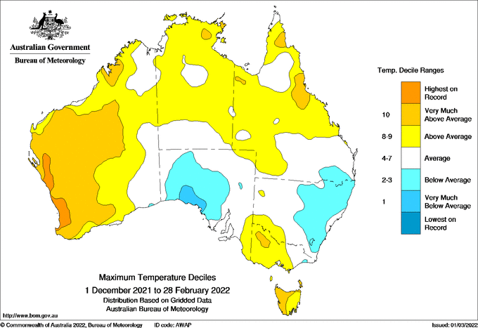 Map of AUS showing section of southern WA coastline highest on record. 