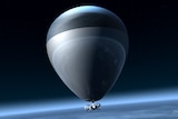 A digital artist's impression of an air-balloon-style airship in orbit above the earth.