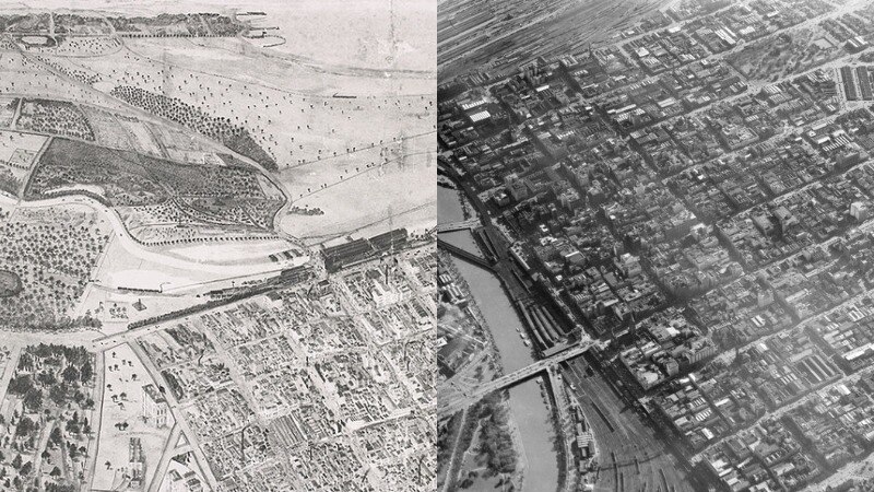 Two black and white images are side by side showing Melbourne's perpendicular streets form above, one illustrated and one photo.