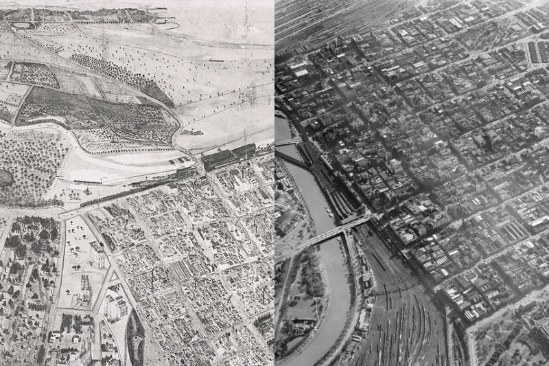 Two black and white images are side by side showing Melbourne's perpendicular streets form above, one illustrated and one photo.