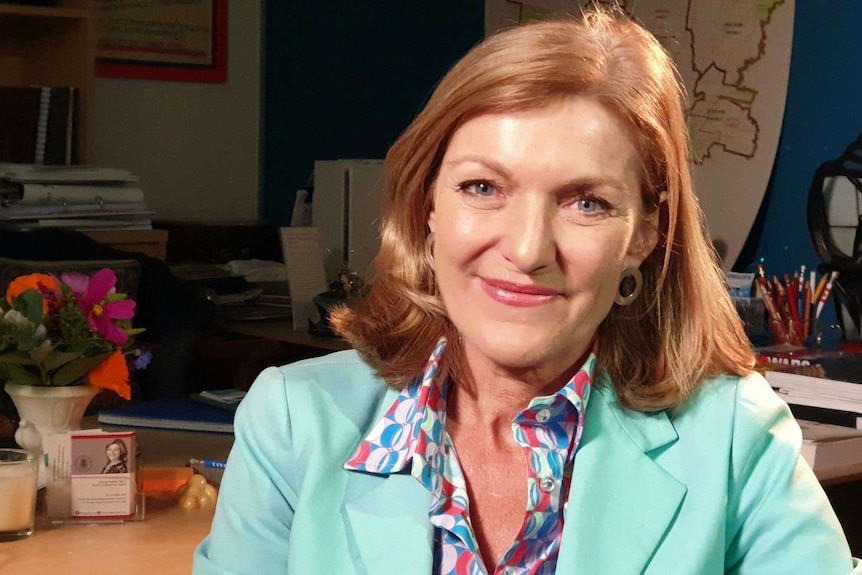 A red-headed woman, the Reason Party leader, sits in an office, wearing a pale green jacket and patterned shirt