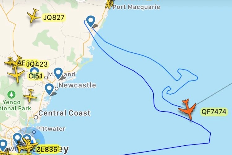 The flight path of a plane traced in a kangaroo shape