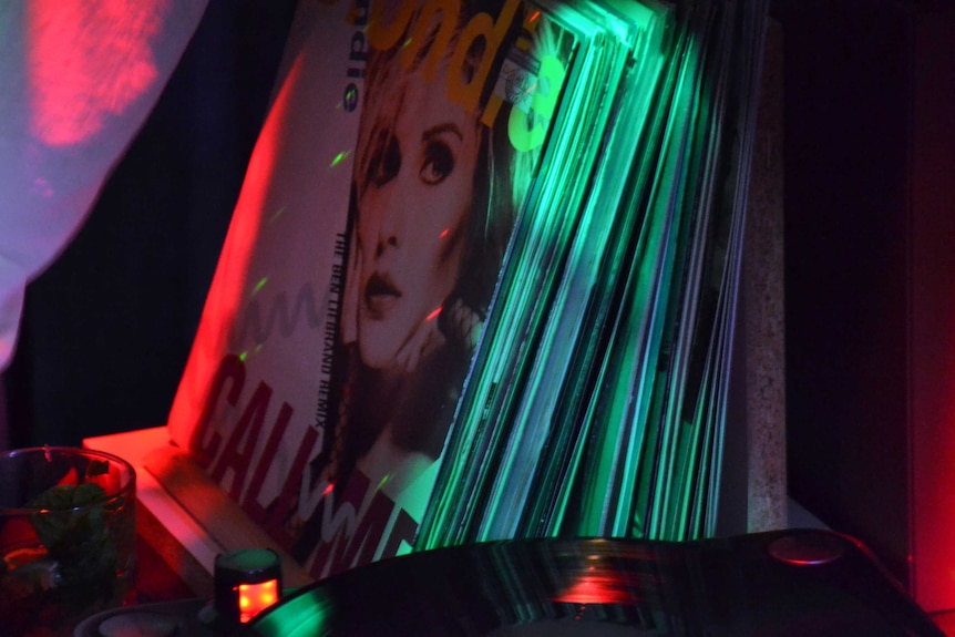 A Blondie record is seen at a party.