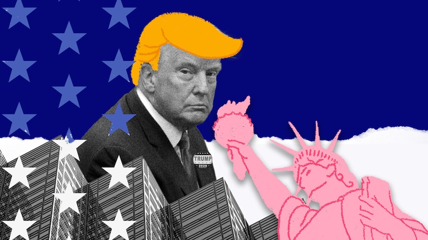 A boldly coloured illustration shows Trump in court and the Statue of Liberty 