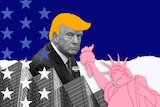 A boldly coloured illustration shows Trump in court and the Statue of Liberty 