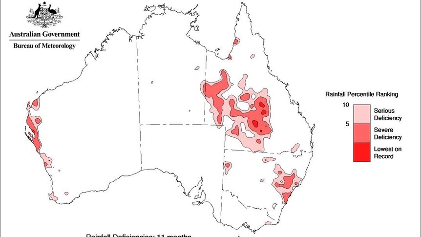 A Bureau of Meteorology map highlighting the most drought-affected areas.