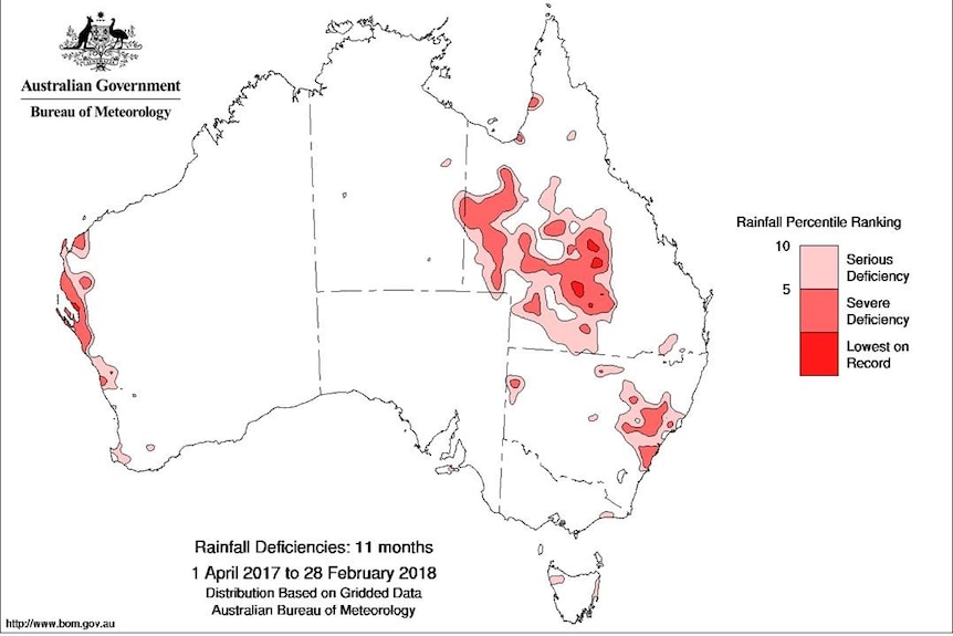 A Bureau of Meteorology map highlighting the most drought-affected areas.