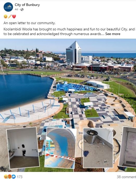A Facebook post with text and images of a damaged community area.