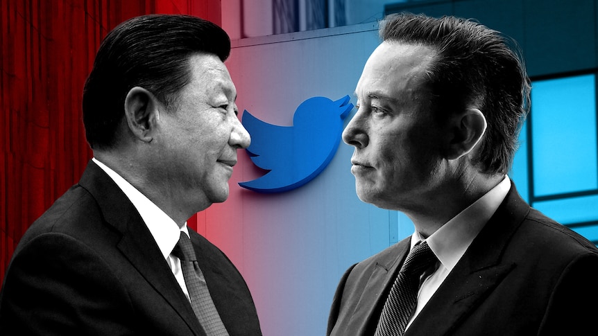 A composite graphic featuring Xi Jinping and Elon Musk in front of the Twitter logo.
