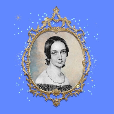 Black and white portrait of Clara Schumann, in a gilded frame on a purple background