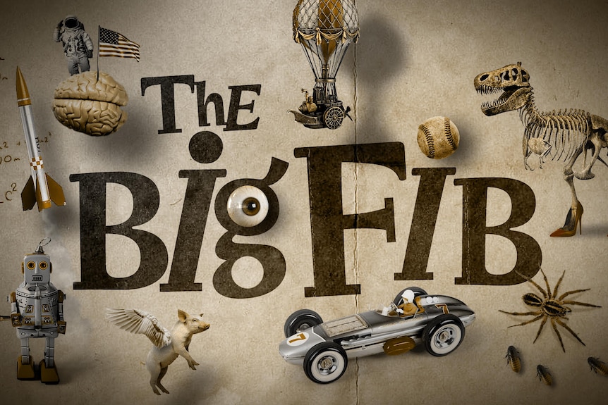 A design featuring a robot, a car, a dinosaur and other objects on a brown backdrop around the words The Big Fib.