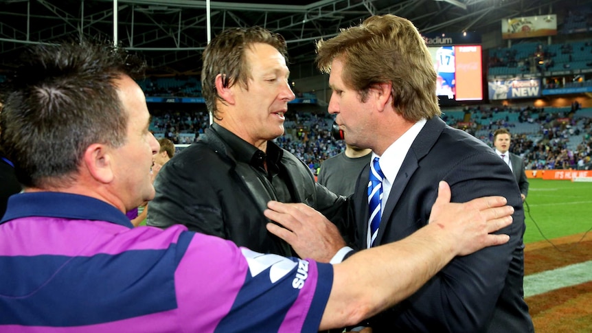 Respect for each other ... Craig Bellamy (L) and Des Hasler after the 2012 grand final