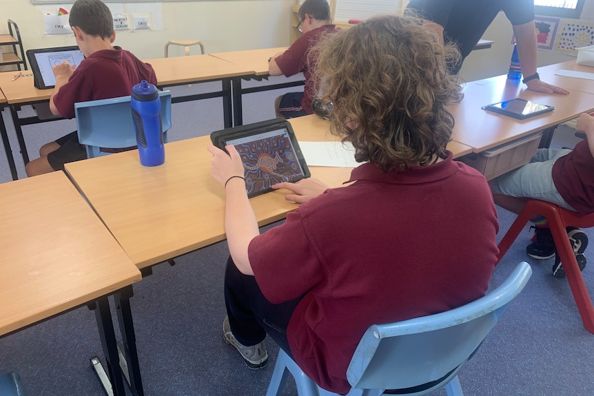 Students sit at their desks and use iPads